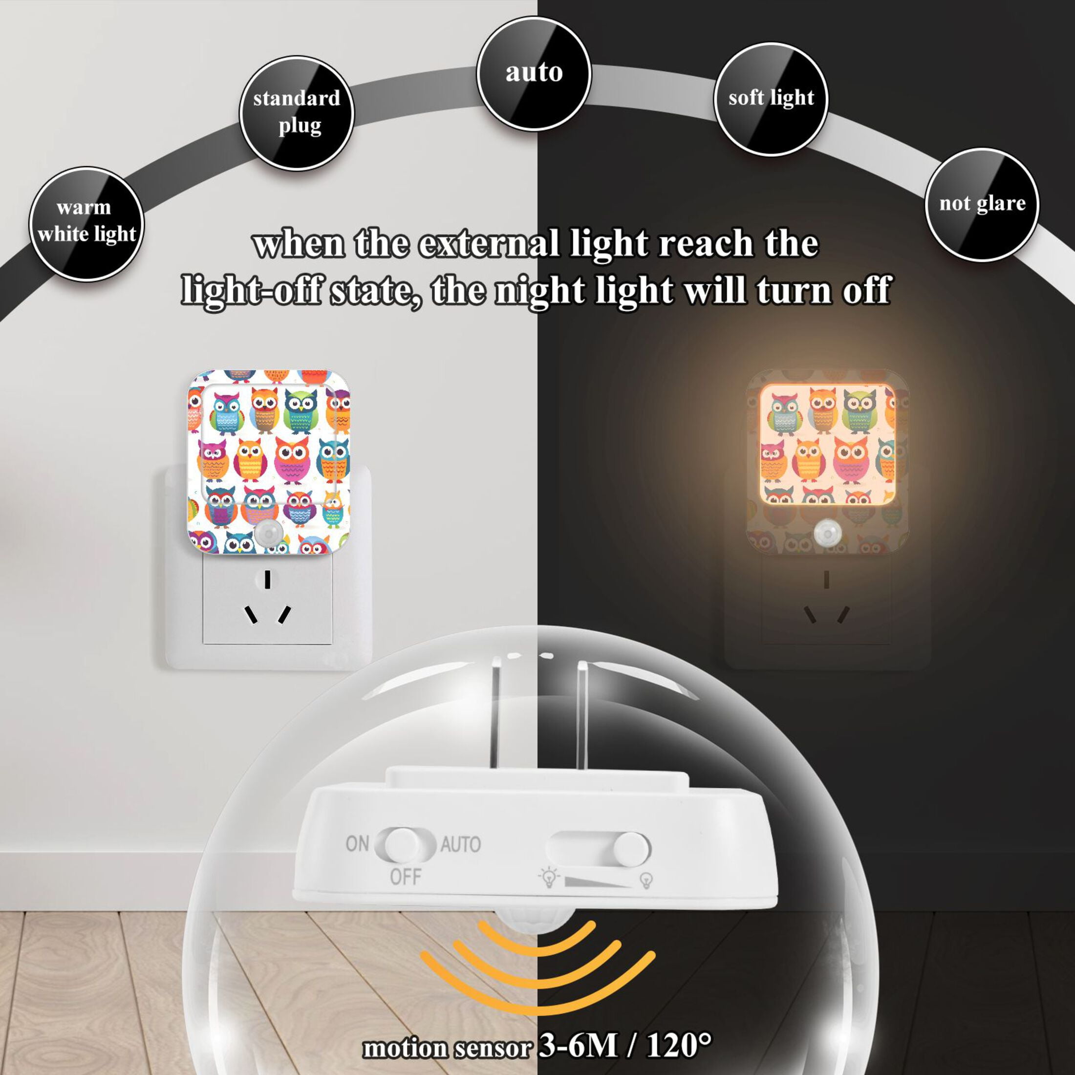 Owls Cartoon Night Lights Plug into Wall LED with Auto Light Sensor Warm Light for Kids Hallway Bedroom Living Room Kitchen Bathroom Set of 2