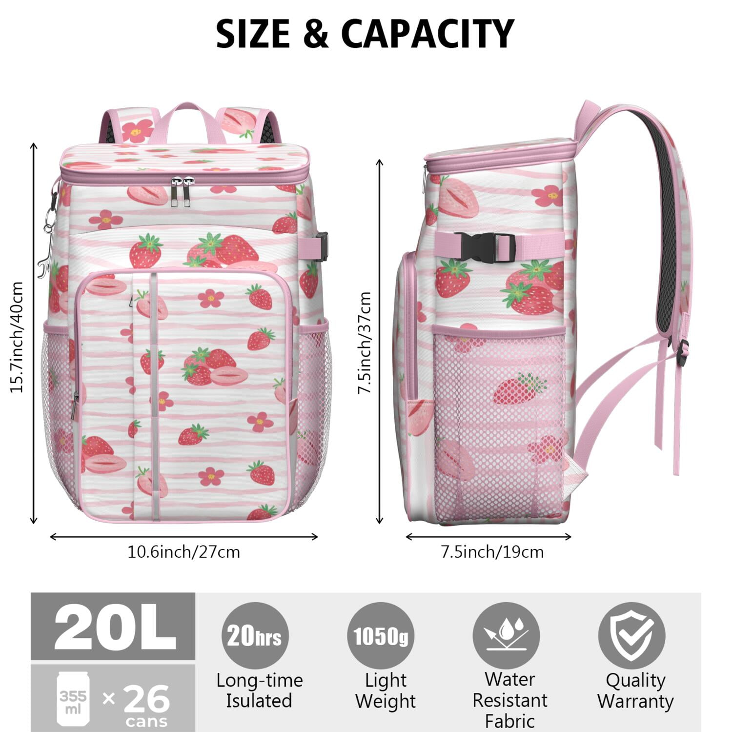 Insulated Cooler Backpack,Soft Backpack Coolers Insulated Leak Proof Travel Cooler Bag Waterproof Lunch Picnic Beach Work Trip Thermal Bag Drink Beverage Beer Bag Cooler Strawberry