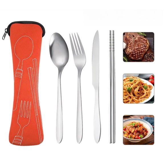 4PCS Reusable Flatware Sets, Stainless Steel Knife, Fork, Spoon, Portable Travel with Carry Pouch for Tableware
