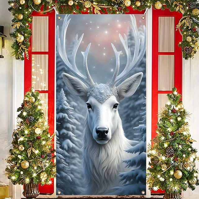 Linnome Santa Claus Pattern Christmas Door Cover 35x71 Inches, Festive Holiday Door Decoration for Home and Parties