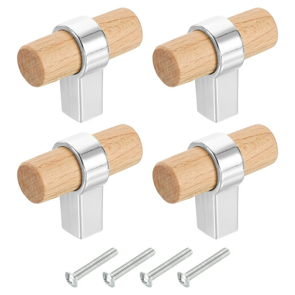 Uxcell 4 Pack T-Bar Wooden Drawer Pulls, 1.57" x 0.71" Wood Cabinet Pulls Single Hole Drawer Knobs with Silver Base and Screws for Home Kitchen Room Closet Cupboard, Beech