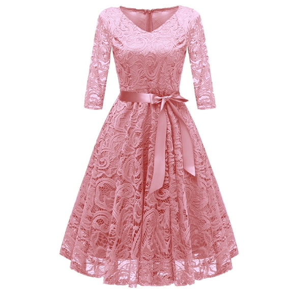 SWSMCLT Women's Midi Lace Dress V Neck Short Illusion Quarter Sleeve Swing Dinner Evening Cocktail Party Homecoming Skater Dress Flowy Billowy Pleated Overlay Luxury Formal Pink X-Large