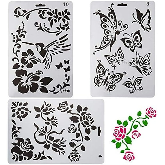 3Pcs 10x7 Inches Flower Butterfly Bird Stencil Template Mixed Plastic Reusable Washable Drawings Painting Templates Set for Painting Diary DIY Drawing Crafts Notebook