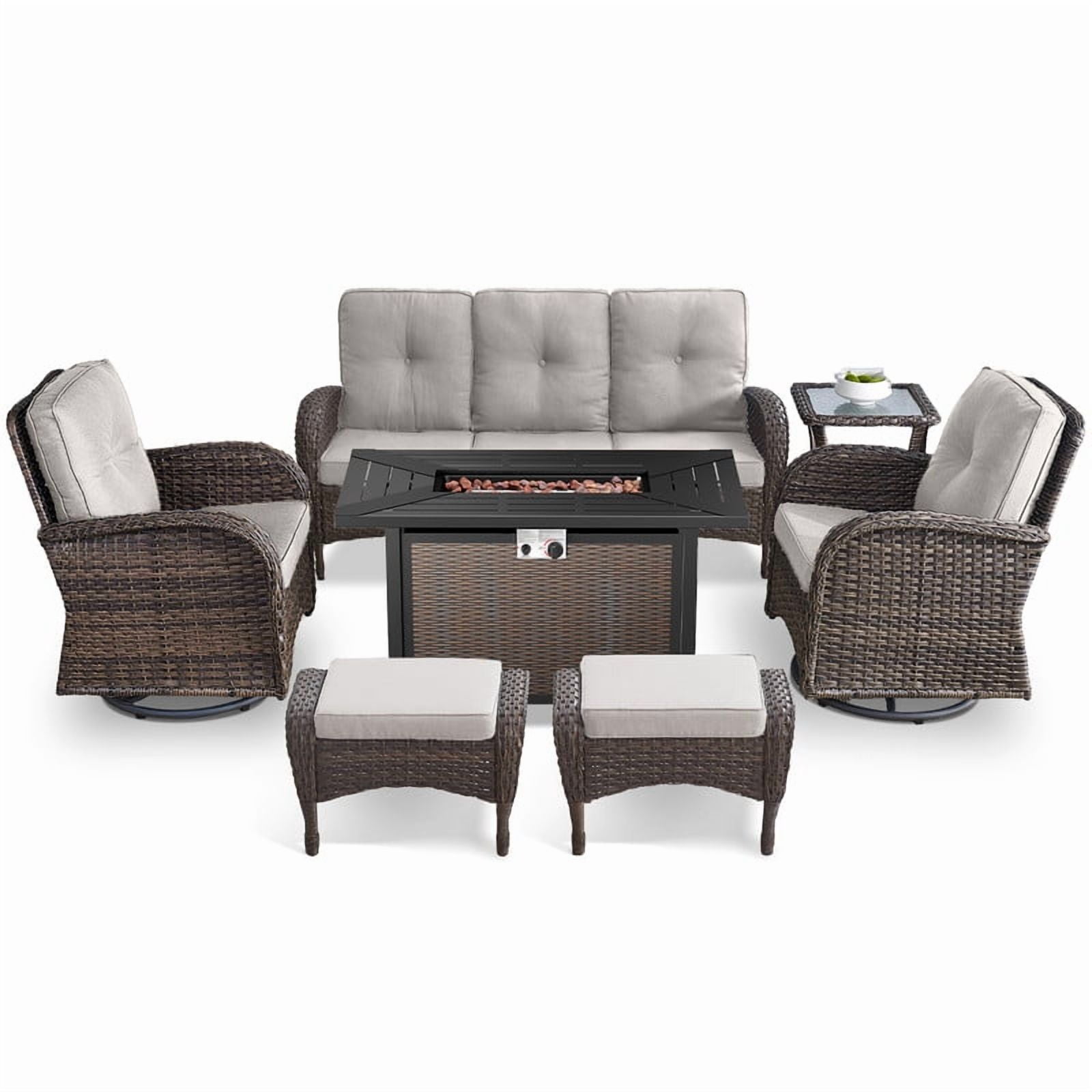 Outdoor Sectional Furniture Sets,7PCS Patio Wicker Swivel Rocking Sets with 43" Fire Pit Table,Outdoor Rattan Conversation Set with Ottomans and Side Table,Beige Cushions