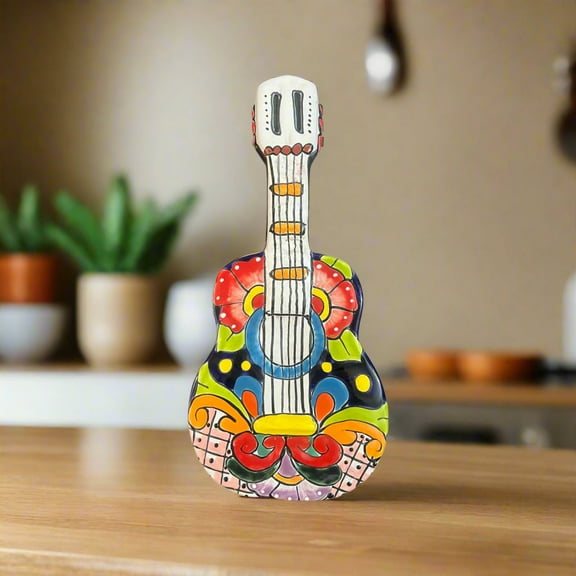 Talavera Guitar Statue | Hand-Painted Mexican Folk Art Decor