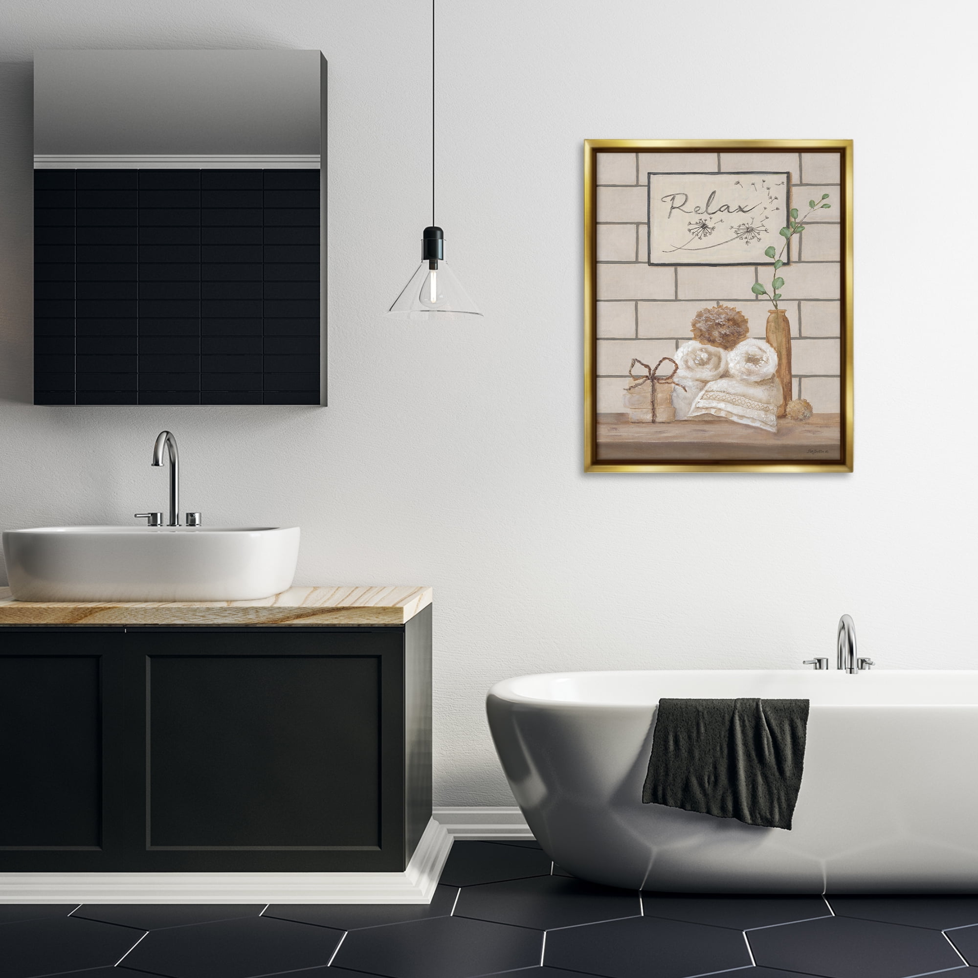 Stupell Industries Relax Bathroom Scene Typography Painting Gold Floater Framed Canvas Art Print Wall Art, 25 x 31