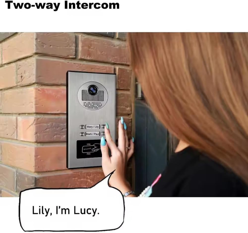 Video Apartment Intercom System,4 Units 7 inch Monitor Wired Video Door Phone Kit,Indoor Outdoor Video Doorbell,ID Keyfobs Unlock,2 Way Audio,6-Screen for Home Apartment