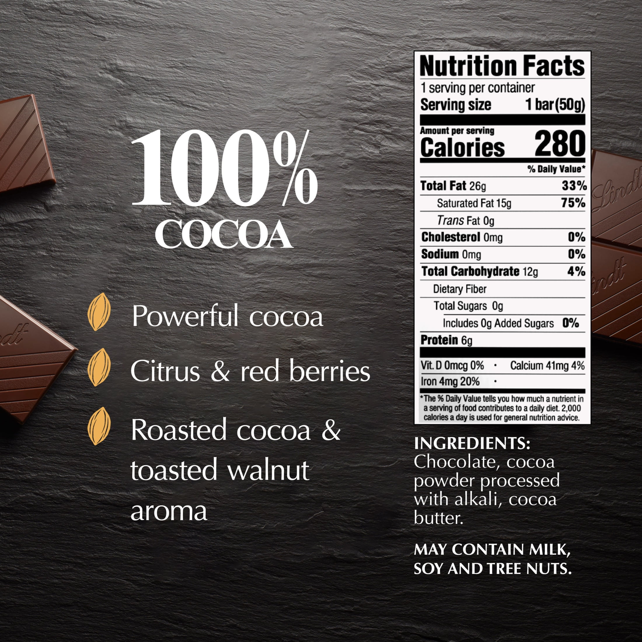 Lindt Excellence, Dark Chocolate, 100% Cocoa, Candy Bar, 1.7 oz, Bar