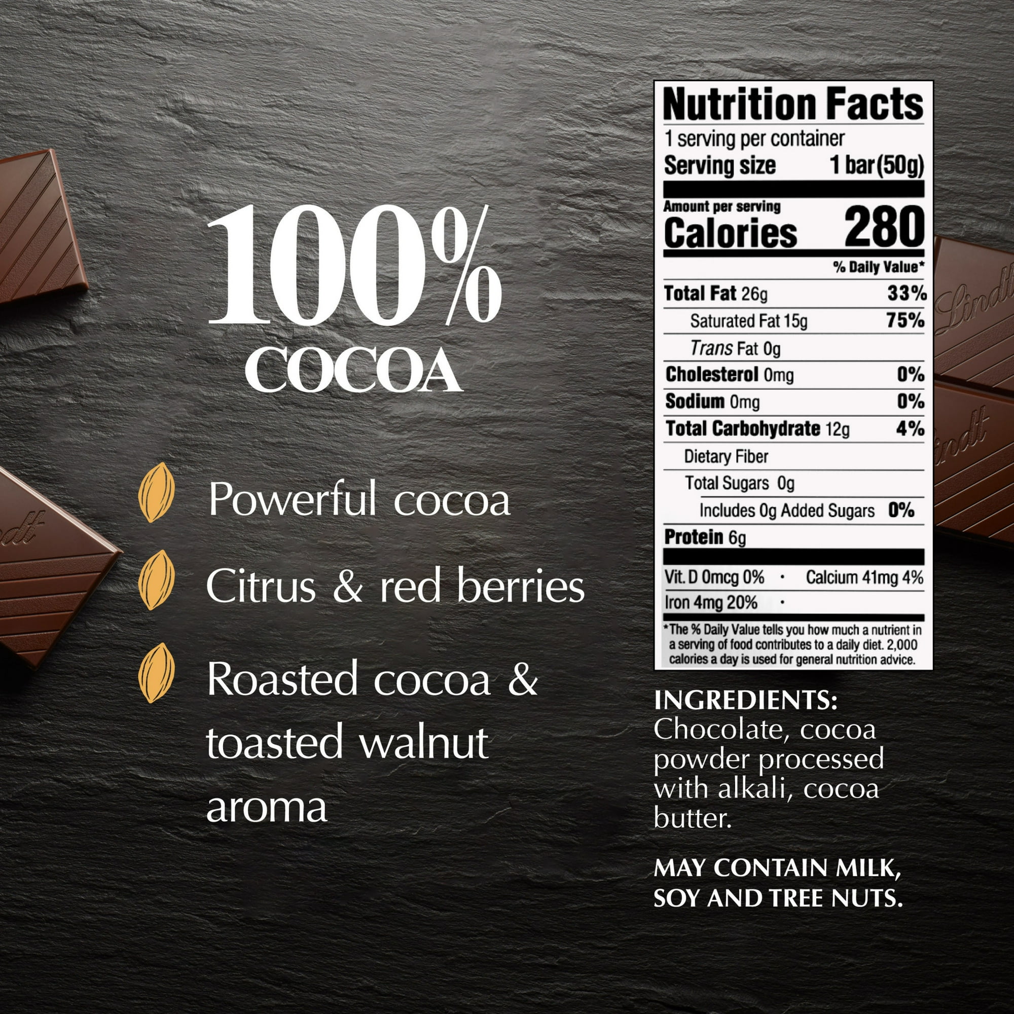 Lindt Excellence, Dark Chocolate, 100% Cocoa, Candy Bar, 1.7 oz, Bar