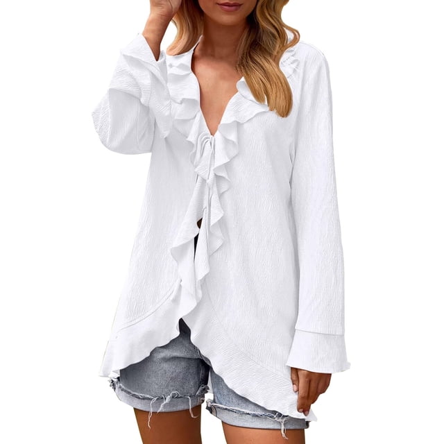 Timegard Cardigans for Women Lightweight Long Sleeve Open Front Ruffles Tie Beach Casual Loose Cover Ups