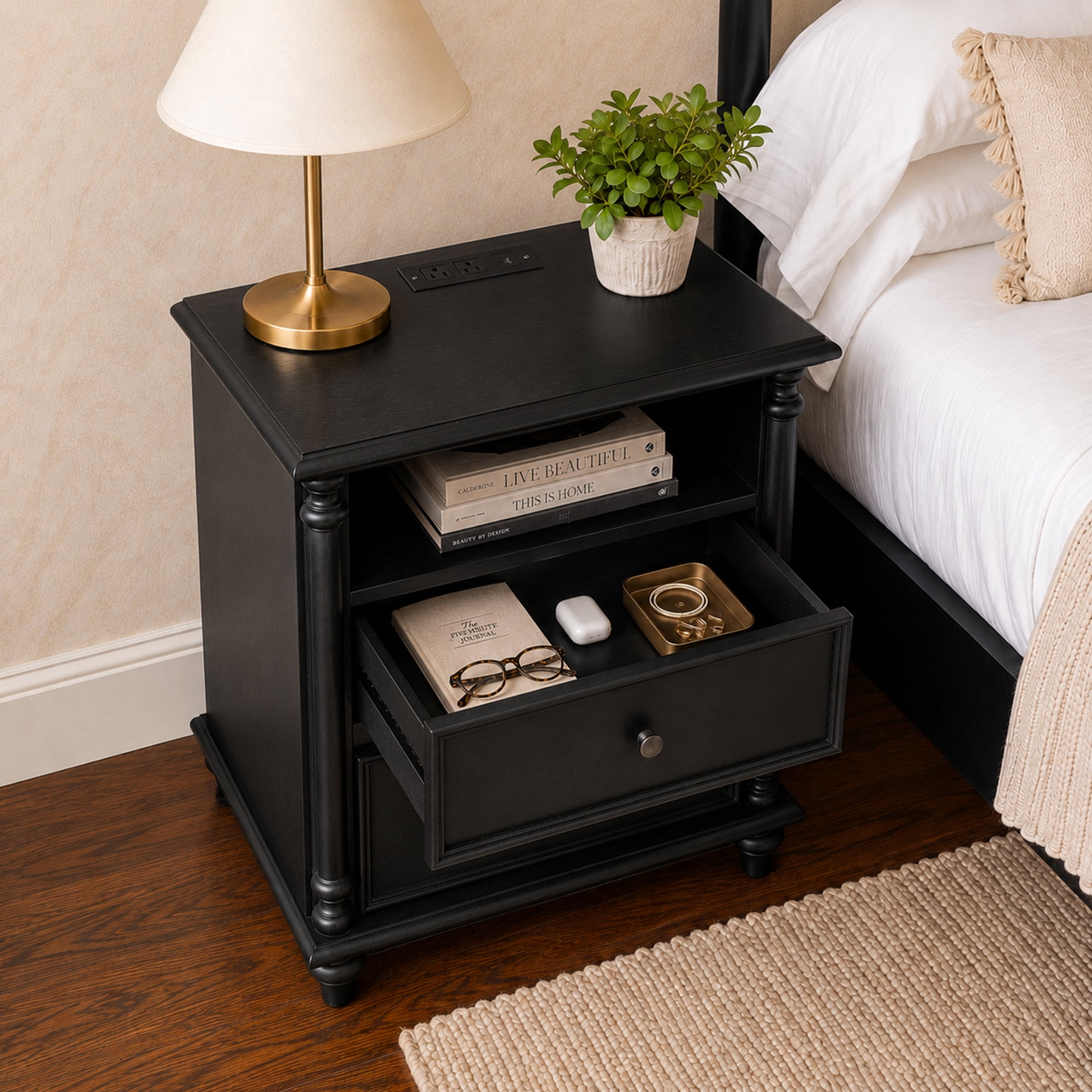 Nightstand 28-Inch with Built-in Charging Station and Solid Wood Legs, Bedside Table and End Table with USB Ports and Outlets for Bedroom, Black