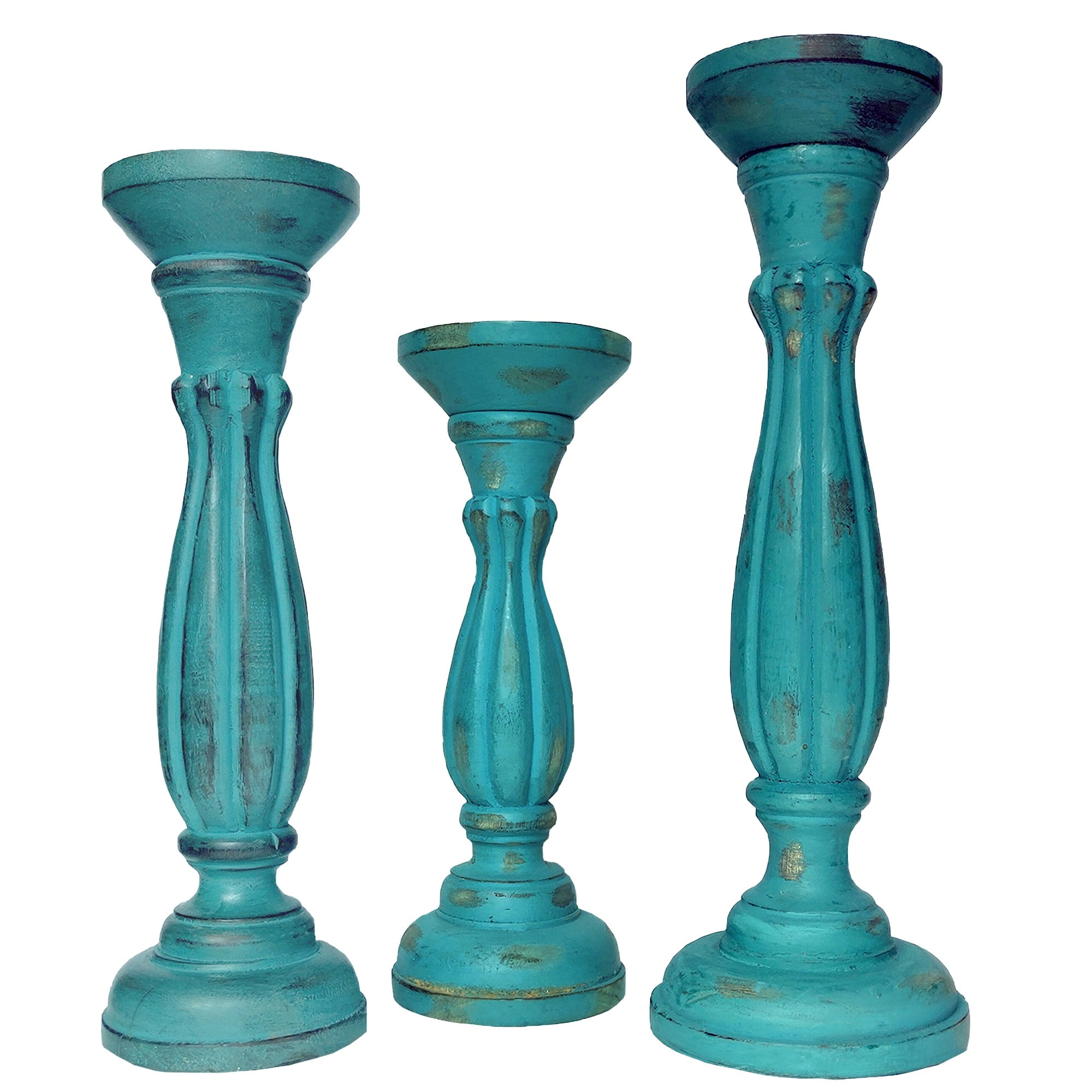 Wooden Vintage Candle Stand Turquoise Gold Candlestick for Pillar Candles 