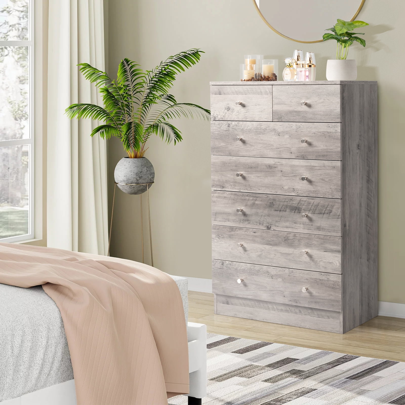 Modern Simple 7-Drawer Dresser Particle Board For Family Room Bedroom & Living Room Space-Saving Storage & Decor​ Gray