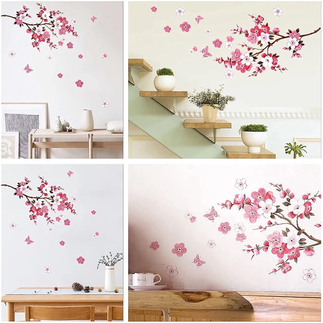 Pegatinas de pared Flores de CEREZO con mariposas rosas rojas (90x60cm) I sakura vid floral rama árbol autoadhesivo adhesivo de pared para sala de estar dormitorio cocina pasillo azulejo,2pcs ZefeiWu 1327533493772