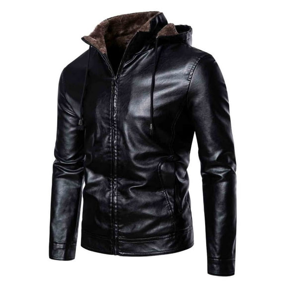 Pejock Men's Hooded Biker Jacket, Loose Fit Genuine Leather Coat with Zipper Closures - Windproof Motorcycle Style for Casual Wear, Daily Outdoor and Urban Street