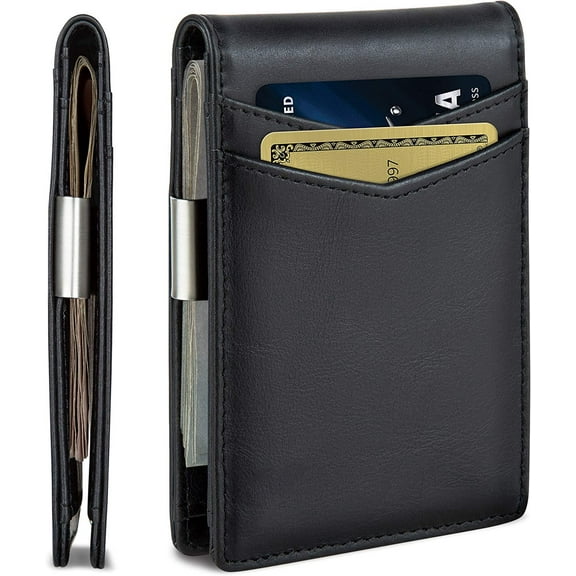 Da. Mallin Genuine Leather Money Clip Wallet Slim Front Pocket with 11 Card Slots Card Holder Minimalist Mini Bifold for Men (Black)…