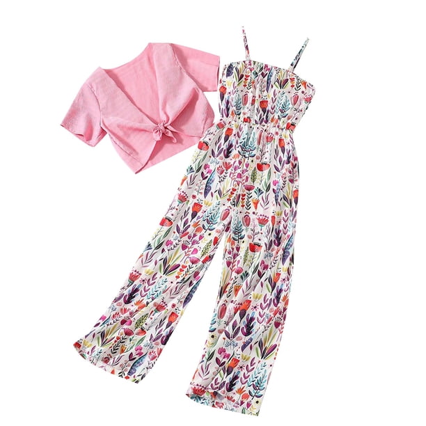 Odeerbi 13-16 Años Niñas Conjuntos de Verano Romper Floral de Gasa Con Bolero de Manga Corta Encogimientos de Hombros Conjunto de Dos Piezas Conjunto de Dos Piezas Mono