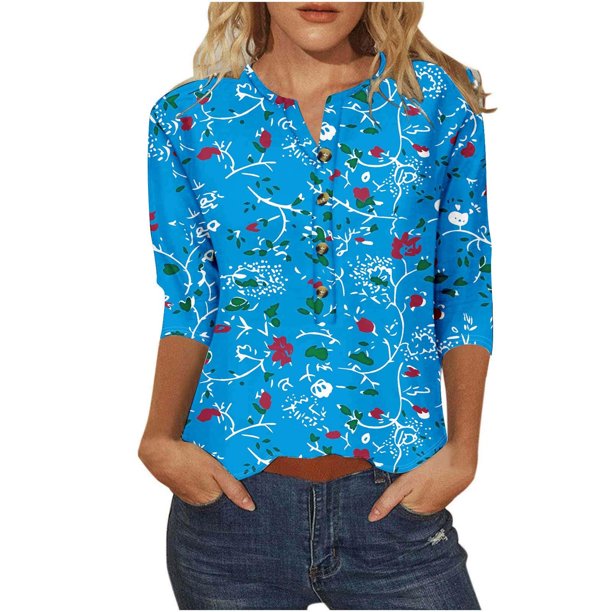 3/4 Manga Superior Impresa Botón Suelto Cuello Redondo Camiseta, Tops Sueltos para las Mujeres
