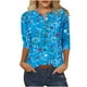 thumbnail image 1 of 3/4 Manga Superior Impresa Botón Suelto Cuello Redondo Camiseta, Tops Sueltos para las Mujeres, 1 of 7