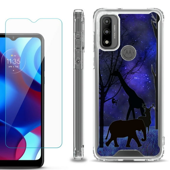 Shockproof Bumper Phone Case for Motorola Moto G Pure, with Tempered Glass Screen Protector, by OneToughShield ® - Midnight Safari