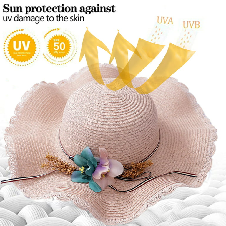 Sunscreen Hats for Girls & Women UPF 50+ Sun Protective Wide Brim Flower  Beach Swimwear Sun Hat Hand Weave Straw Flat Cap Pink