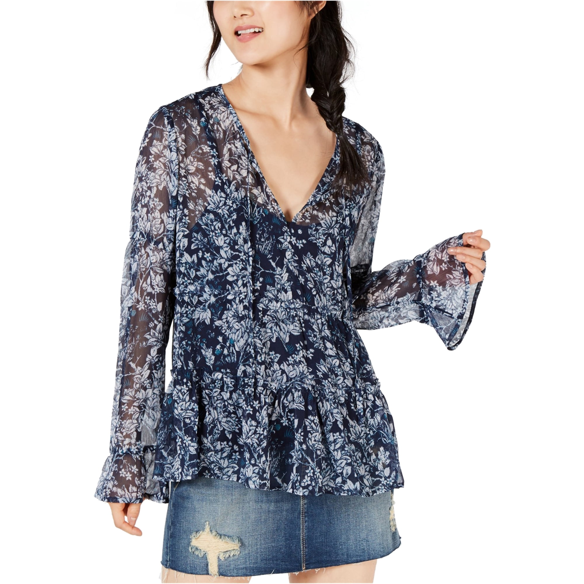 Womens Floral Peasant Blouse, Blue 