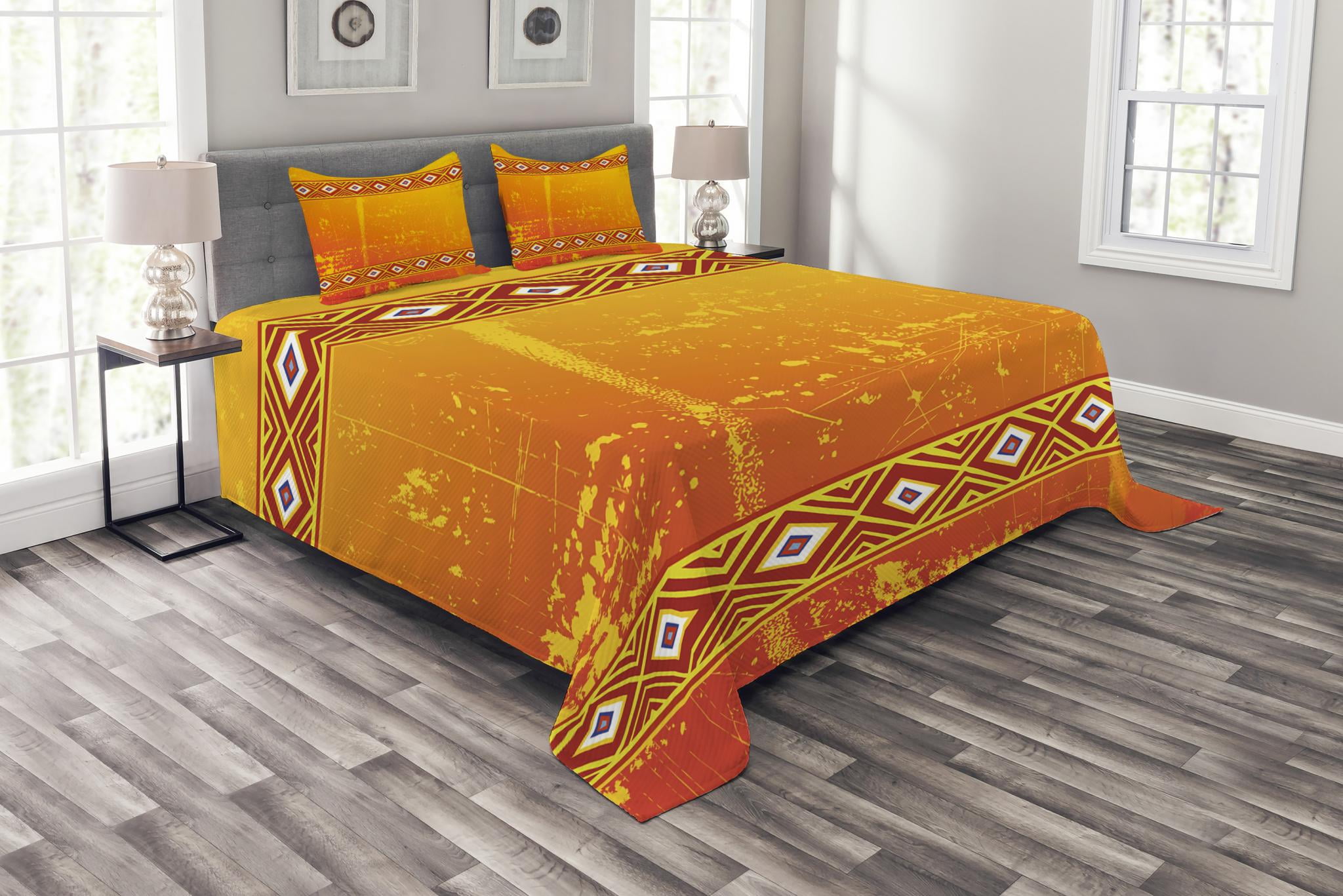 African Bedspread Set Queen Size, Tribal Theme Ethnic African Grunge
