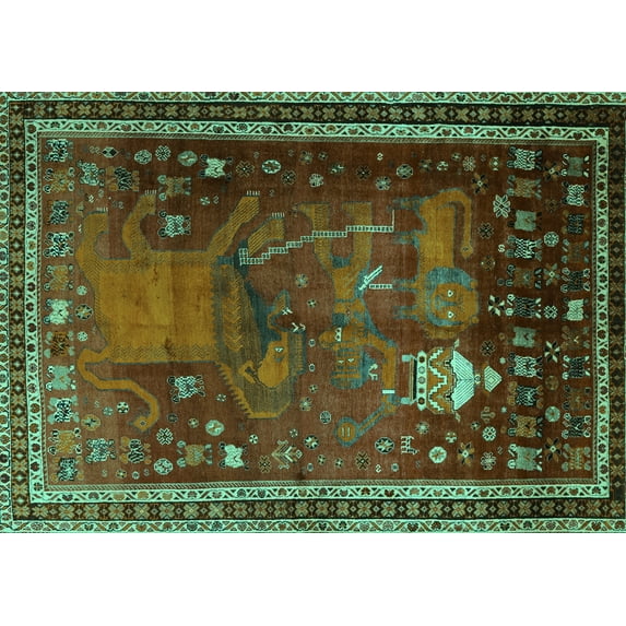 Ahgly Company Indoor Rectangle Animal Turquoise Blue Traditional Area Rugs, 2' x 5'