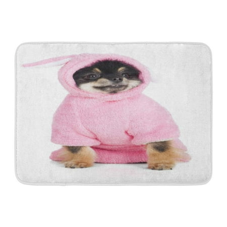 GODPOK White Animal Brown Dog Pomeranian in Rabbit Costume Pink Small Breed Rug Doormat Bath Mat 23.6x15.7