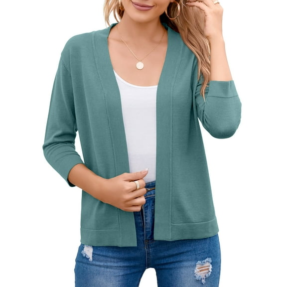 HOWCOME Womens Cropped Cardigans Sweaters 3/4 Sleeve Open Front Short Shrugs(Sage Green,2XL)
