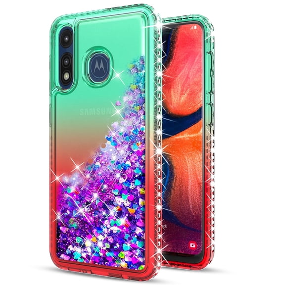 Motorola Moto E 2020 Phone Case, with [Tempered Glass Protector Included] Liquid Floating Glitter Quicksand Bling with Spot Diamond Cover - Green/Red