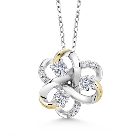 Gem Stone King 925 Silver and 10K Yellow Gold Round White Lab Grown Diamond 3-Stone Pendant Necklace for Women (0.86 Cttw, Gemstone April Birthstone, with 18 inch Chain)