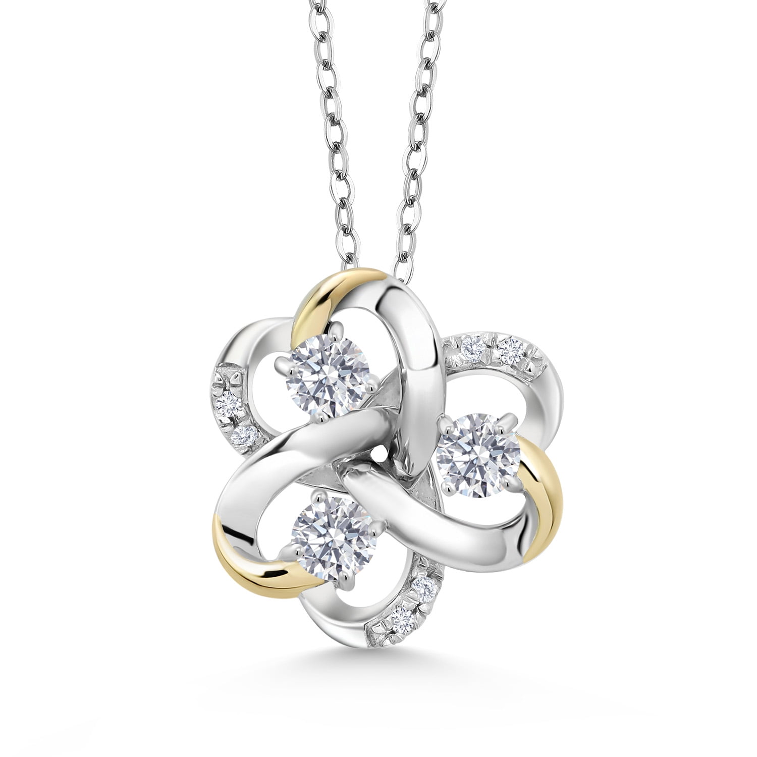Gem Stone King 925 Silver and 10K Yellow Gold Round White Lab Grown Diamond 3-Stone Pendant Necklace for Women (0.86 Cttw, Gemstone April Birthstone, with 18 inch Chain)