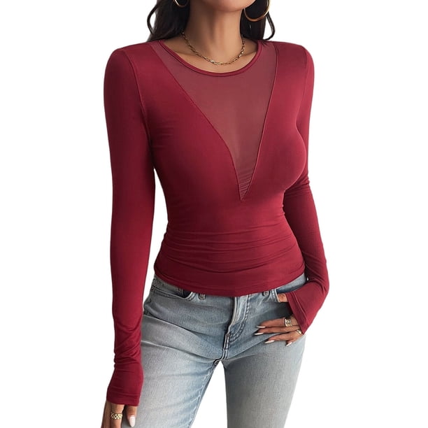 Camisas Ajustadas de Larga de con Cuello en V Profundo para Mujer, Moda Y2K 2025 Vino Tinto S