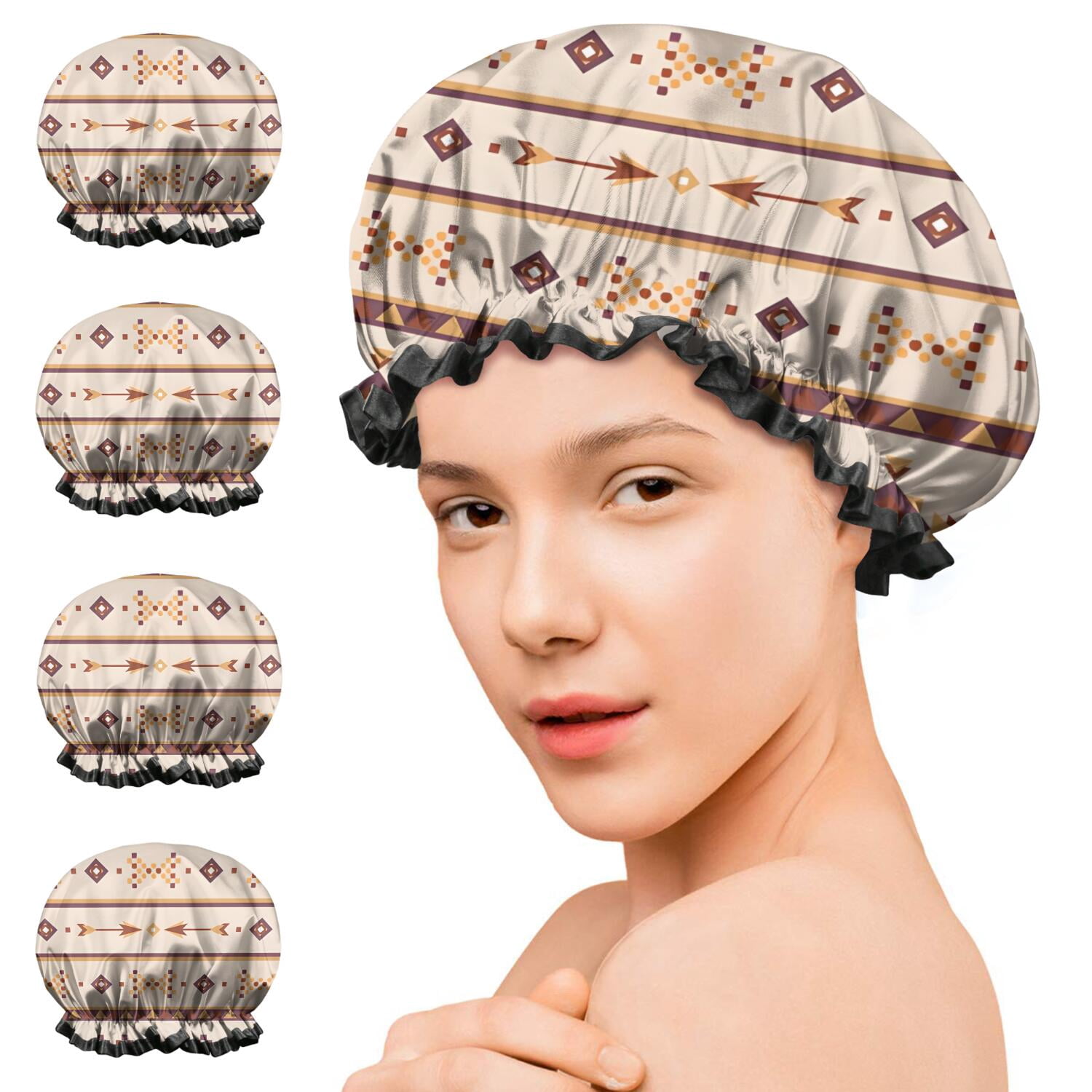 Shower Caps,Brown Ethnic Arrow Pattern Waterproof Shower Cap for Women 4 Pieces,Double Reusable Hair Cover for Shower PEVA Elastic Stretch Hem