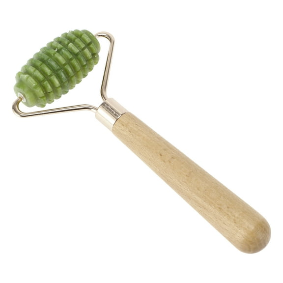 Women's Portable Single Thorn Head Facial Roller for Vacation Bathing Green Wood Pole Jade