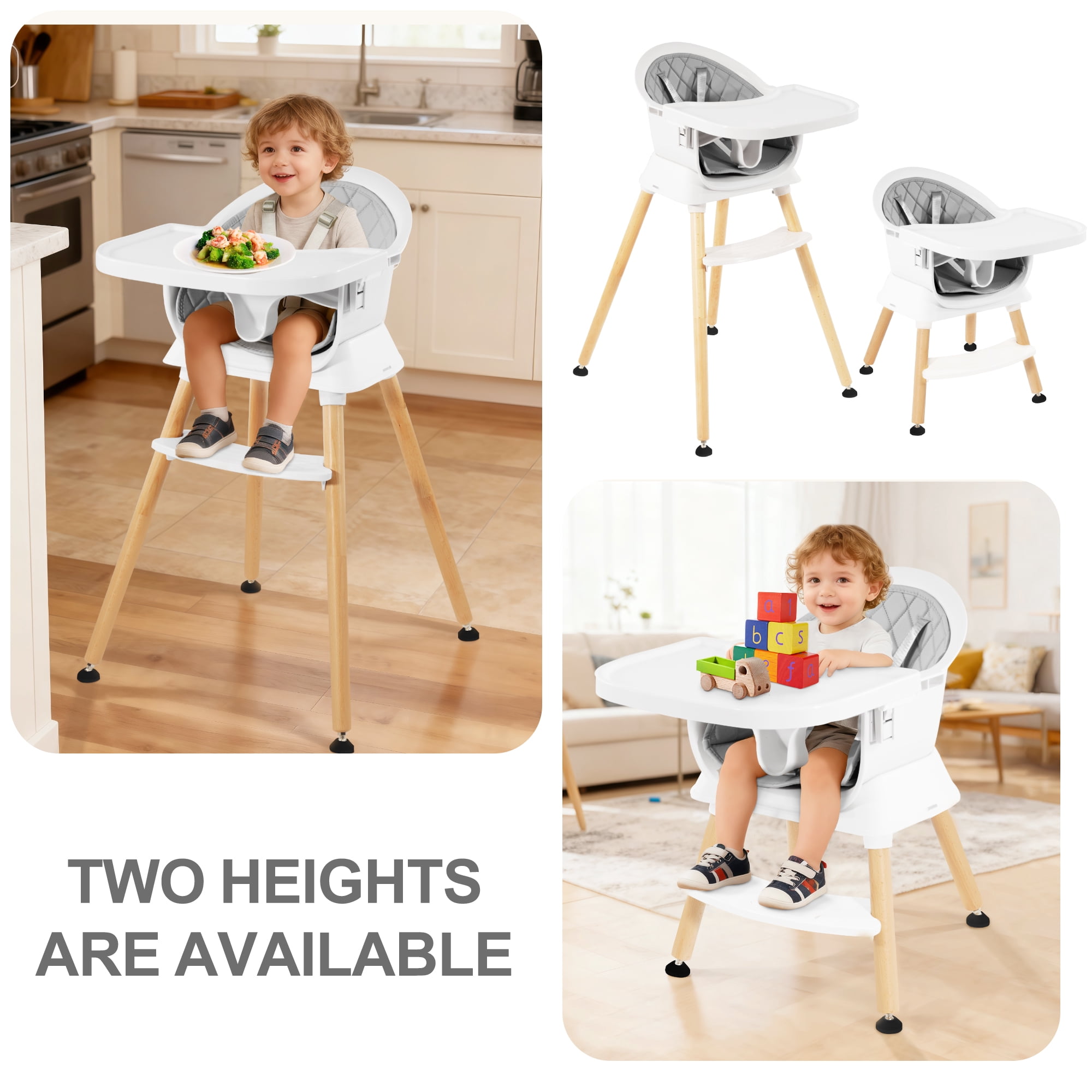 Signature Fitness Multi-Purpose Wooden High Chair，Modern Baby and Toddler Feeding Chair, Easy-to-Clean，with Adjustable Design