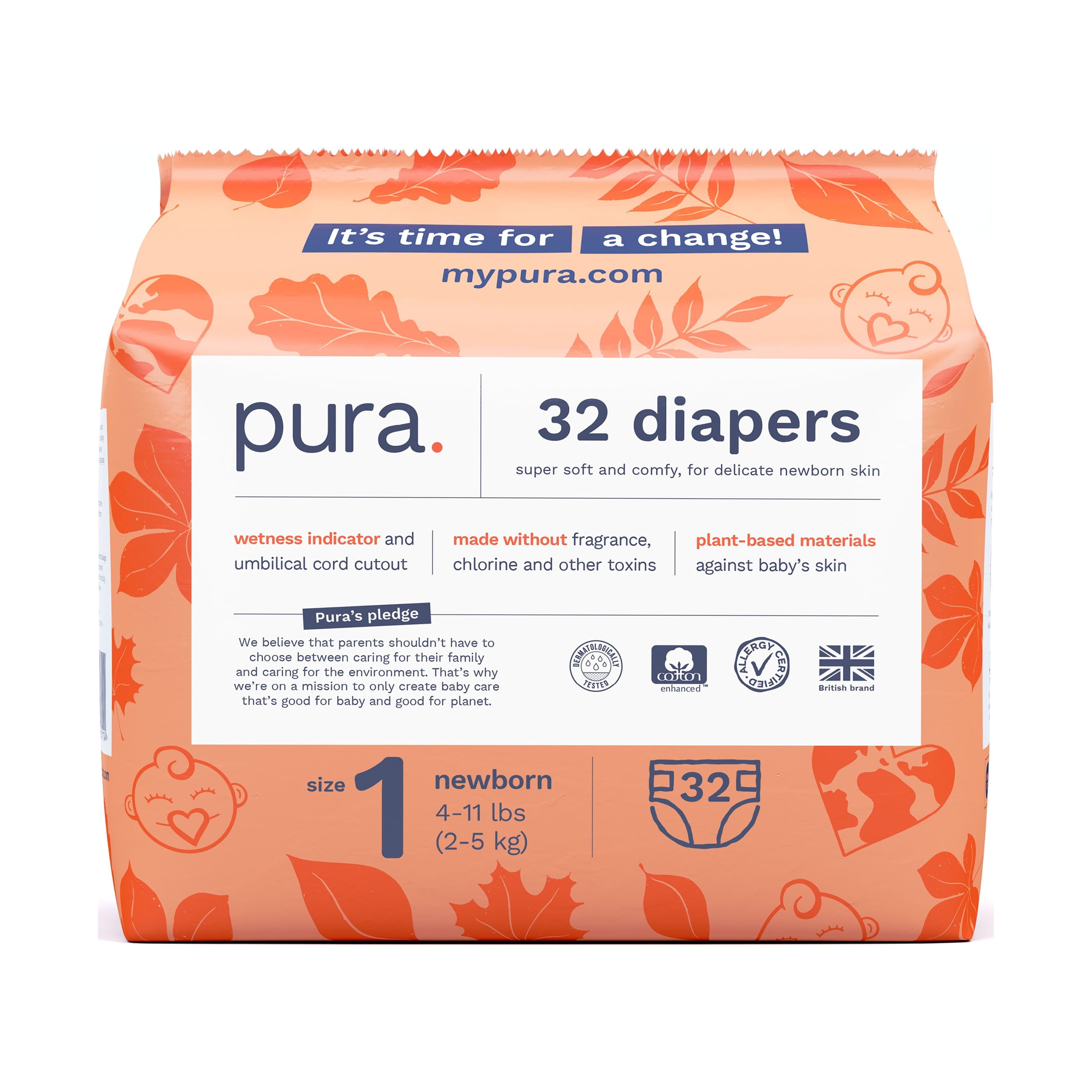 (2 pack) Pura Sensitive Soft Sustainable Baby Diapers Size 1, 32 Count (Choose Your Size and Count)