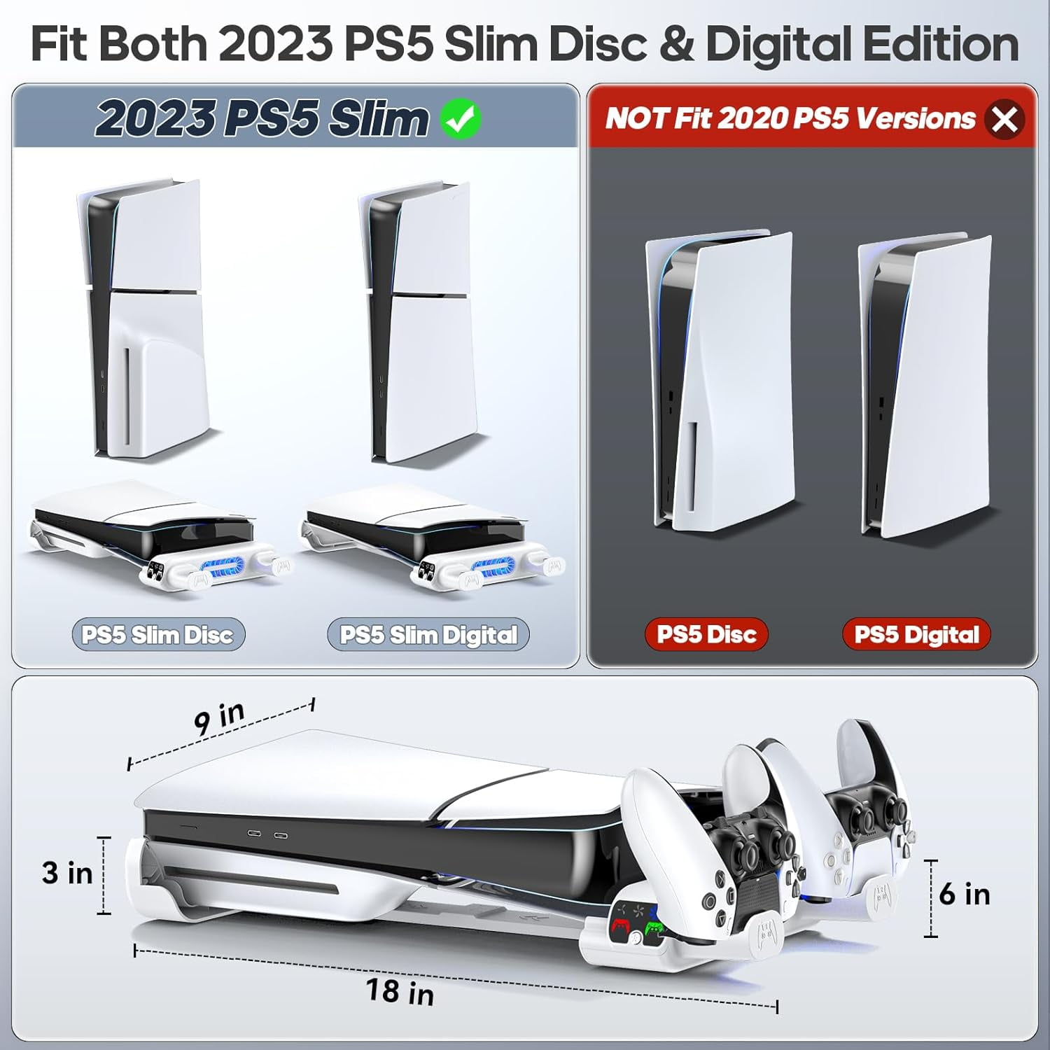 PS5 Slim Horizontal Cooling Stand, Dual PS5 Controller Charger with 3-Level Cooling Fan (NOT Fit 2020 Playstation 5)