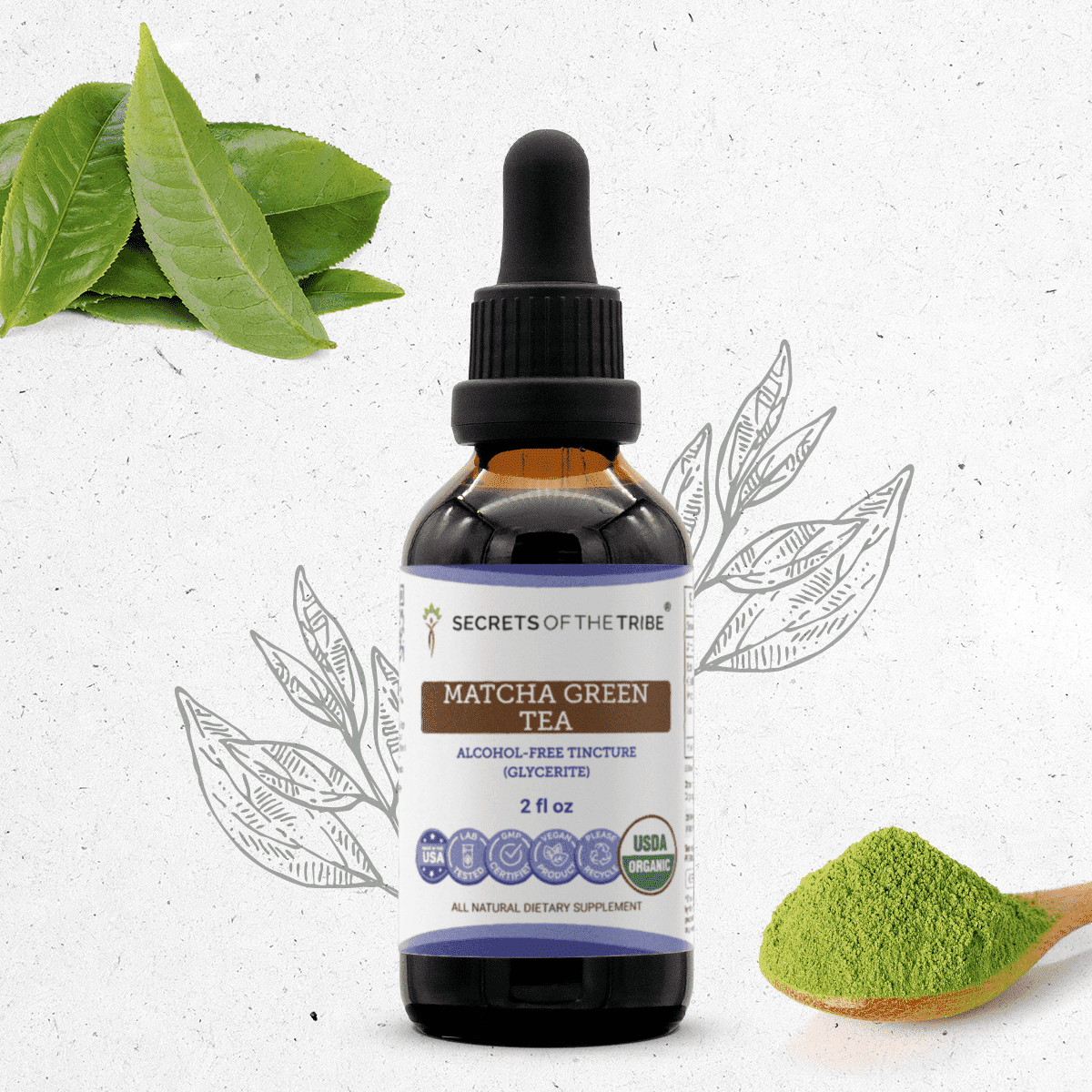 Secrets Of The Tribe Matcha Green Tea Organic Dietary Supplement, Natural Herbal Tincture for Antioxidant Support, Certified Organic Green Tea Matcha (Camellia sinensis) Dried Leaf, Alcohol-Free 2 oz