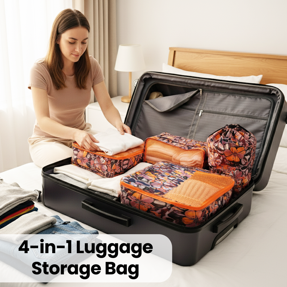 4-Piece Travel Packing Cubes Set, Luggage Organizer Bags with Mesh Top, Lightweight Clothes Storage Pouches, Orange Floral Pattern