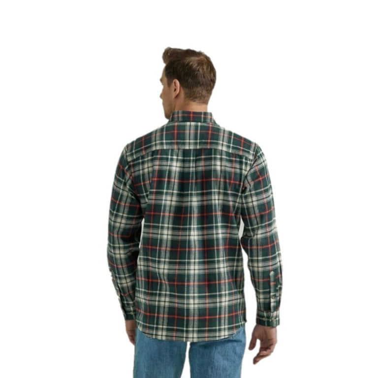 Wrangler Men's Rugged Wear Green Orange Flannel Plaid Shirt