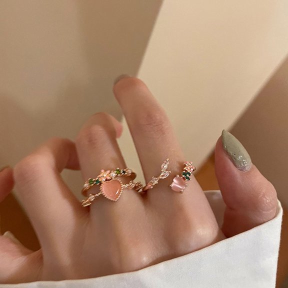 Eosunjian Women Open Ring Adjustable Pink Rhinestone Flower Fruit Heart Shape Hollow Out Polished Party Dating Knuckle Ring Finger Jewelry Style A