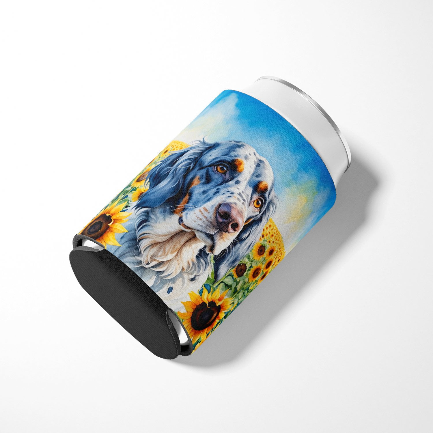 English Setter in Sunflowers Can or Bottle Hugger 3 in x 5 in