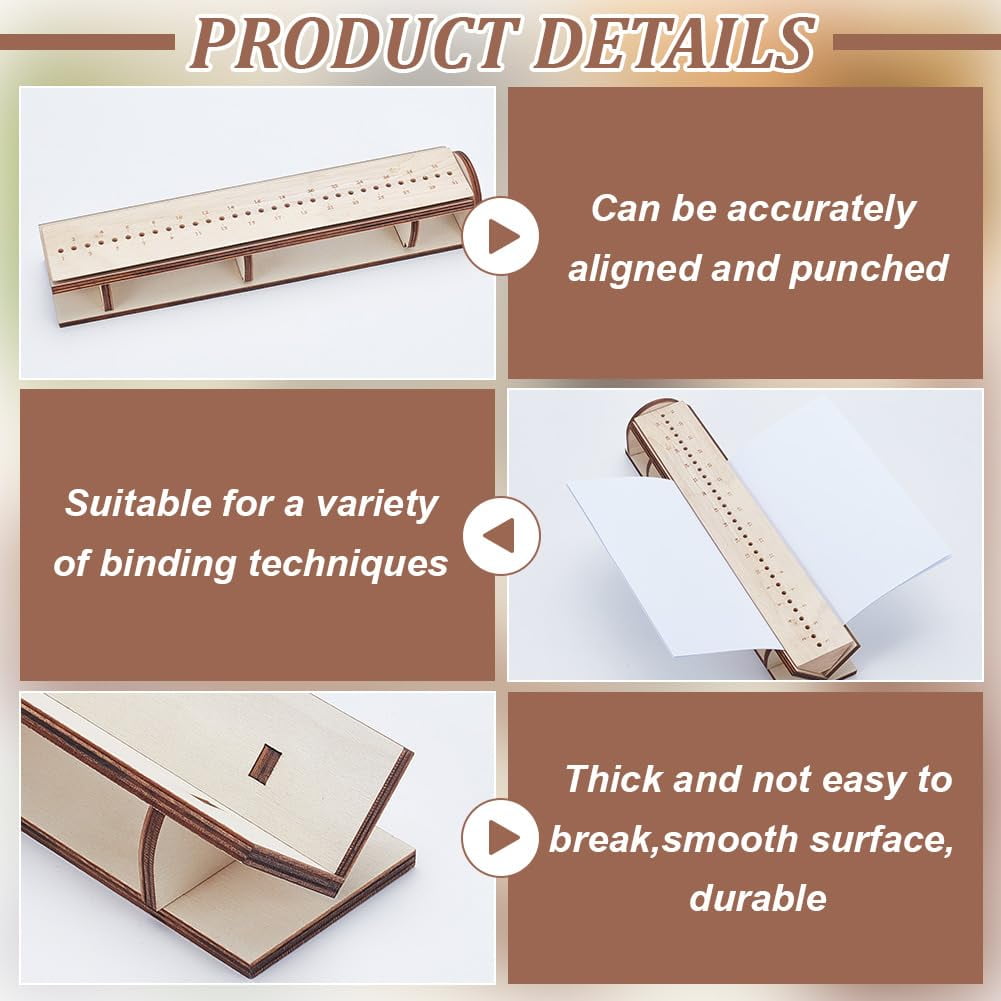 Old Lace Wood Bookbinding Punching Cradle with Piercing Guide 13.1x2.5x2.4inch Book Binding Tool for DIY Crafts Notebook Journals Planners Brown