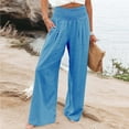 thumbnail image 2 of vigerkar Linen Pants Women Summer Smocked High Waisted Wide Leg Palazzo Pants Casual Ruffle Flowy Beach Pants with Pockets Blue, XL, 2 of 9