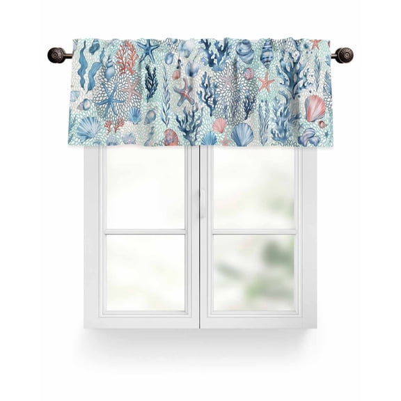 Blue Coastal Nautical Ocean Kitchen Valances for Windows Seashell Starfish Seagrass Valance Curtains for Kitchen /Living Room/Bedroom/ Bathroom Decor, 54"x18 " ,Rod Pocket 1 Panel,