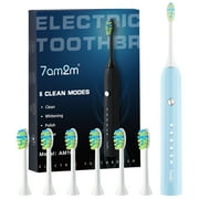 7AM2M Sonic Electric Toothbrush for Adults and Kids, One Charge for 90 Days, with 6 Brush Heads, 5 Modes with 2 Minutes Build in Smart Timer, Roman Column Handle Design,Light Blue