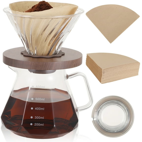 Pour Over Coffee Maker Set, 20 oz Glass Coffee Pot with Lid, Filter Cup, 100 Paper Filters, Glass Coffee Bottle for Home Camping