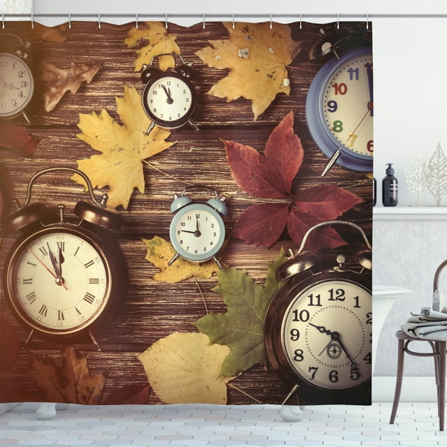 Ambesonne Fall Shower Curtain, Clocks with Dry Leaves, 69"Wx84"L, Multicolor
